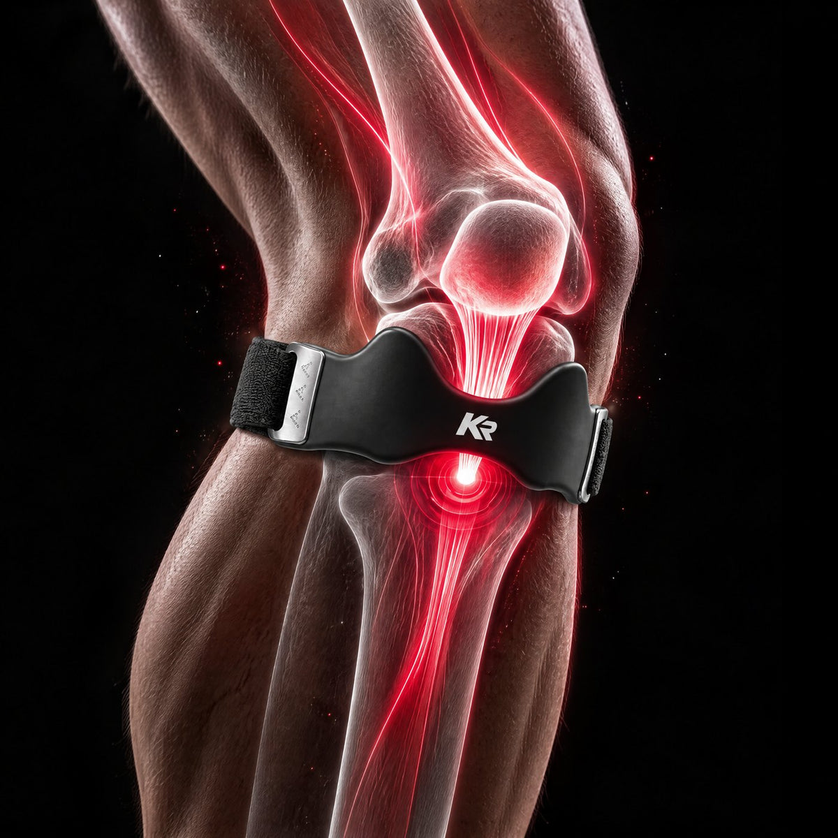 KneeRise patella strap worn just below the kneecap, with the knee shown in an illustrated X-ray view